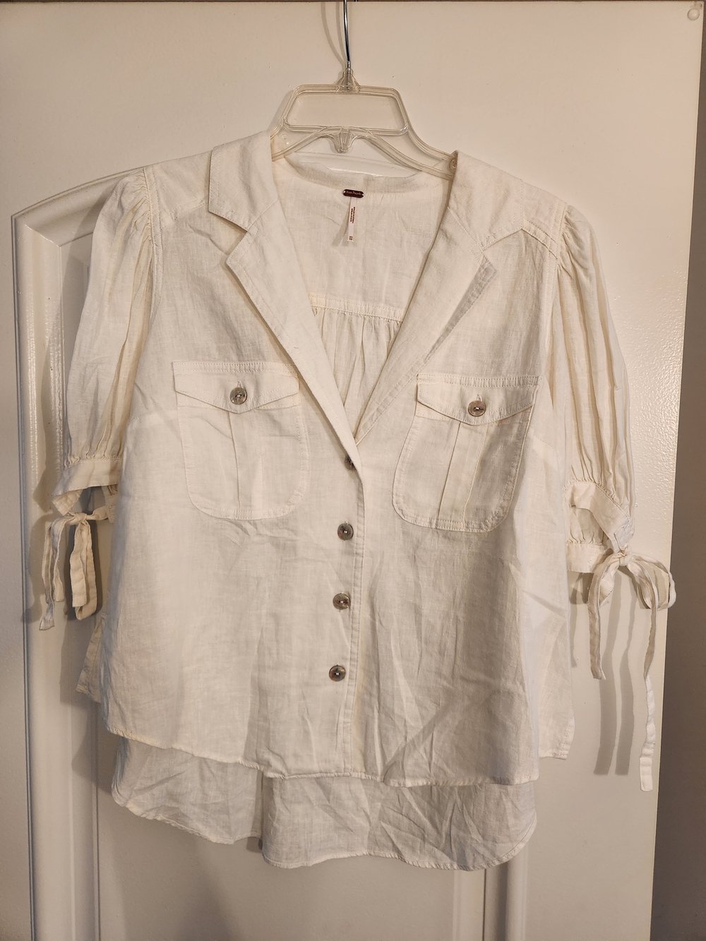 Free People Cream Button-Front Linen Shirt with Tie Sleeves NWT